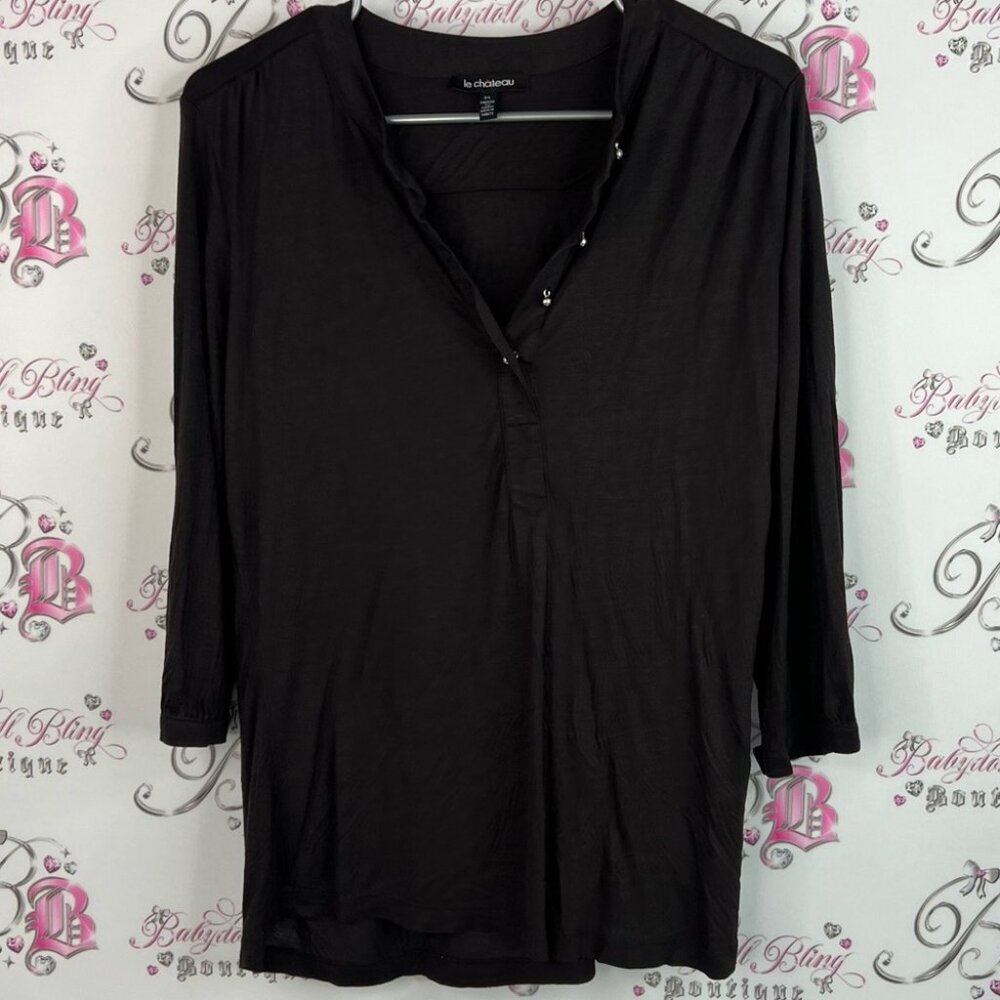 Le Chateau long sleeve Vneck dangly buttons Black Blouse with Button Detail